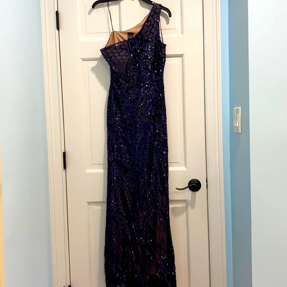 One shoulder gorgeous blue sequin evening gown